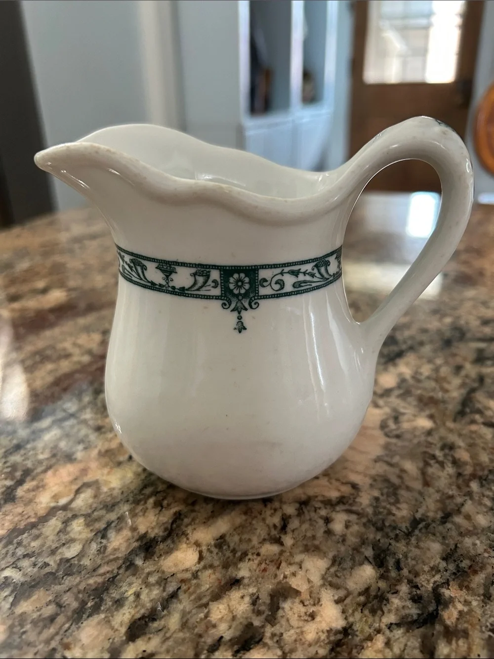 Vintage Classic White Ceramic Creamer Pitcher with Green Scroll Band